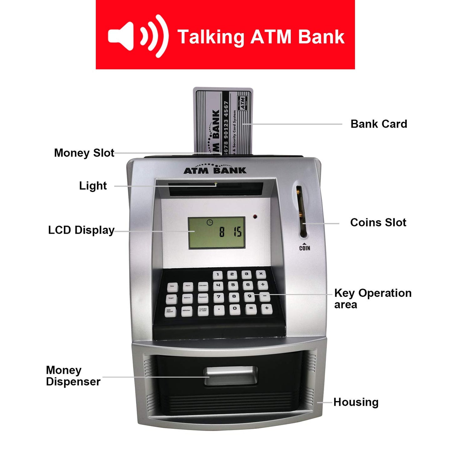 Toy Talking ATM Bank ATM Machine Savings Bank for Kids -Works like a Real one- Deposit, Withdraw, Debit Card, Saving Target, Tim