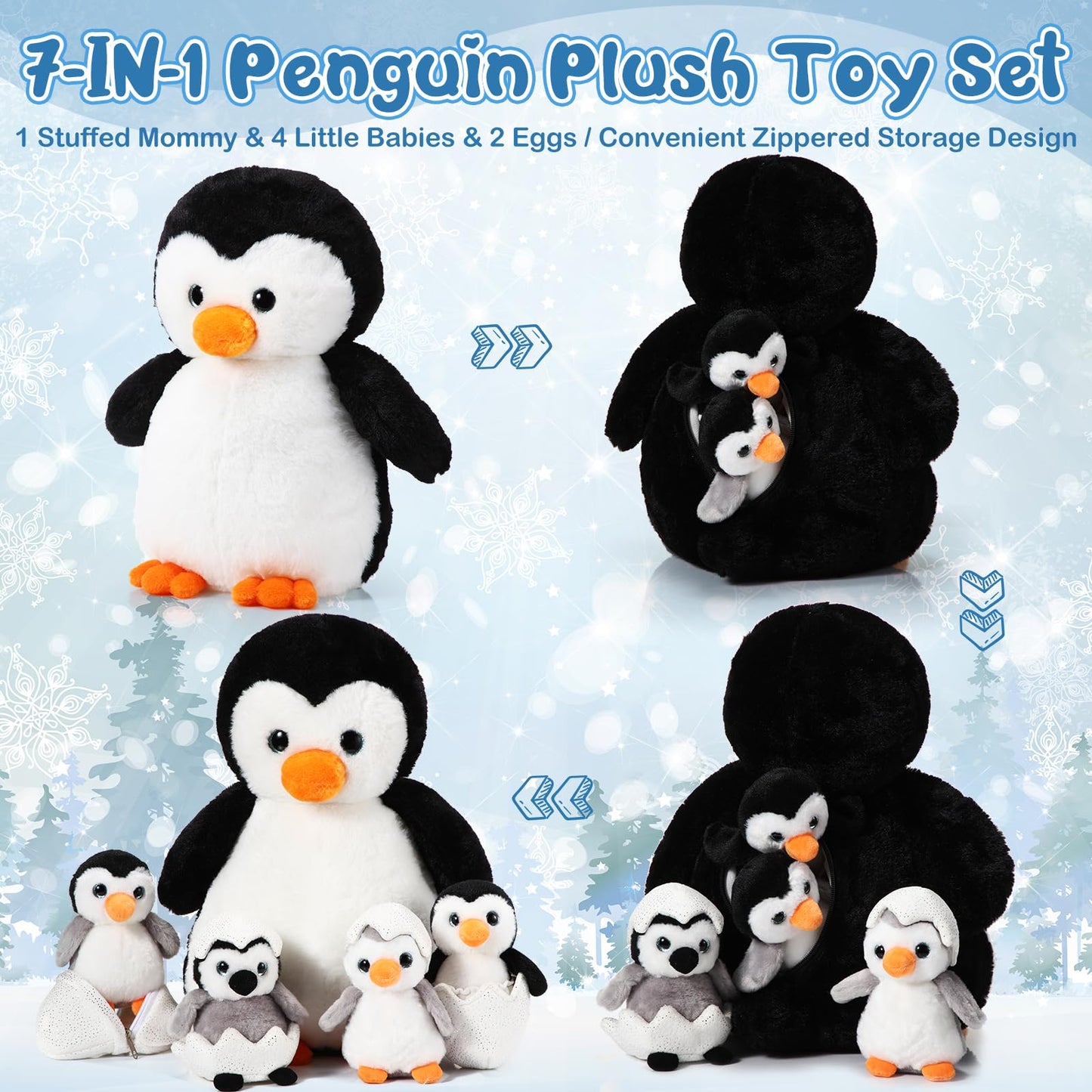 Aoriher 7 Pcs Penguin Stuffed Animal Sets 14 Inch Mommy Penguin And Plush Babies With 2 Eggs Wrapping Soft Cute Animal Plushie For Kids Exchange Gifts