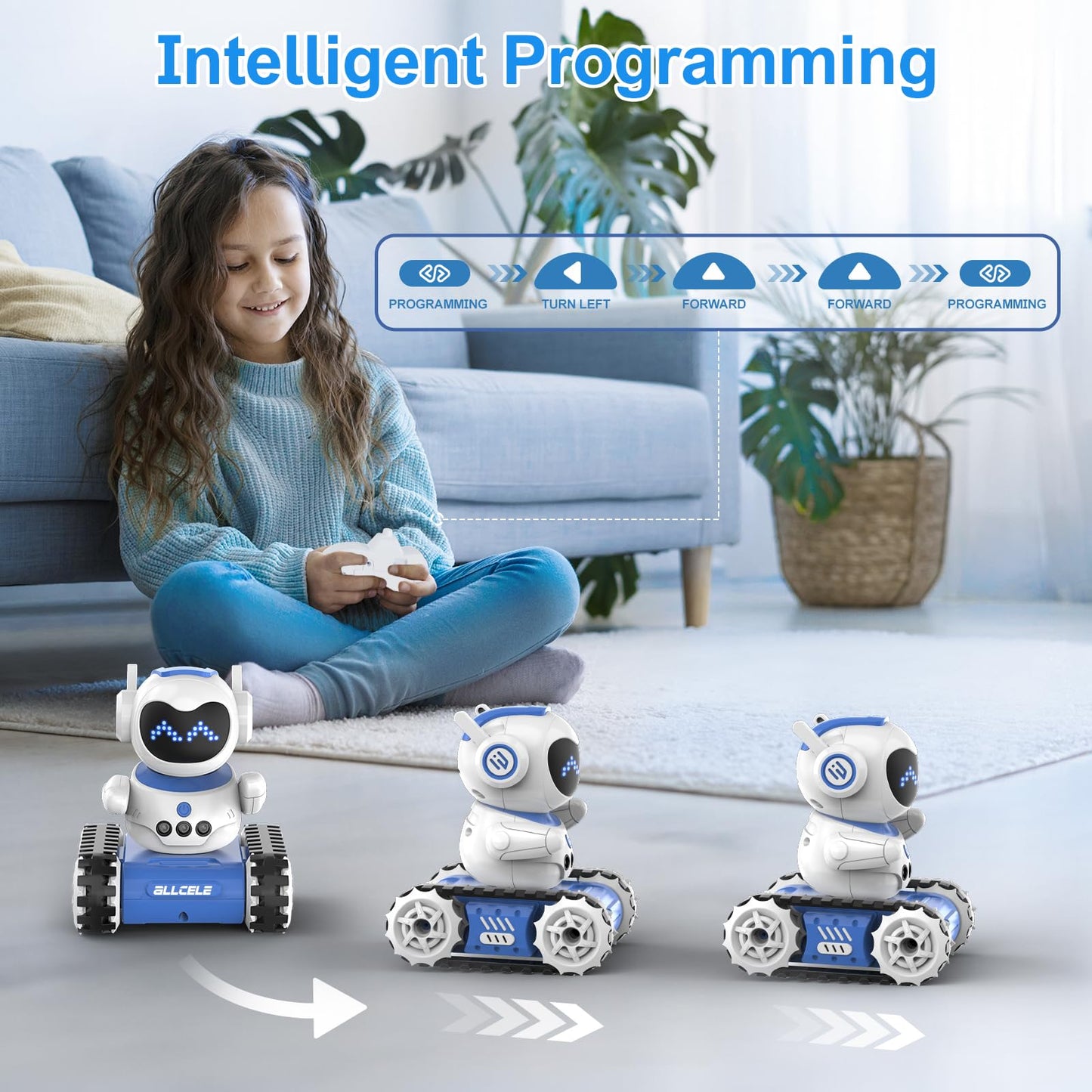 Allcele Led Rc Robot Toys, Rc Robot For Boys And Girls With Walkie Talkie, Programming, Music, Demo And Led Function, Remote Control Robot Toy, Gift For Kids 3-8 Years Old Blue White