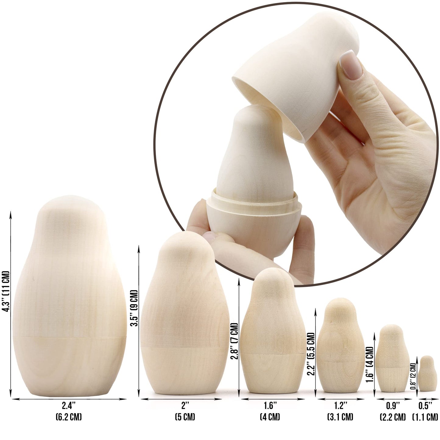 Aevvv Lot Of Blank Nesting Dolls 6 Pcs - Blank Unpainted Russian Nesting Dolls - Wooden Dolls Unfinished - Wooden Russian Matryoshka