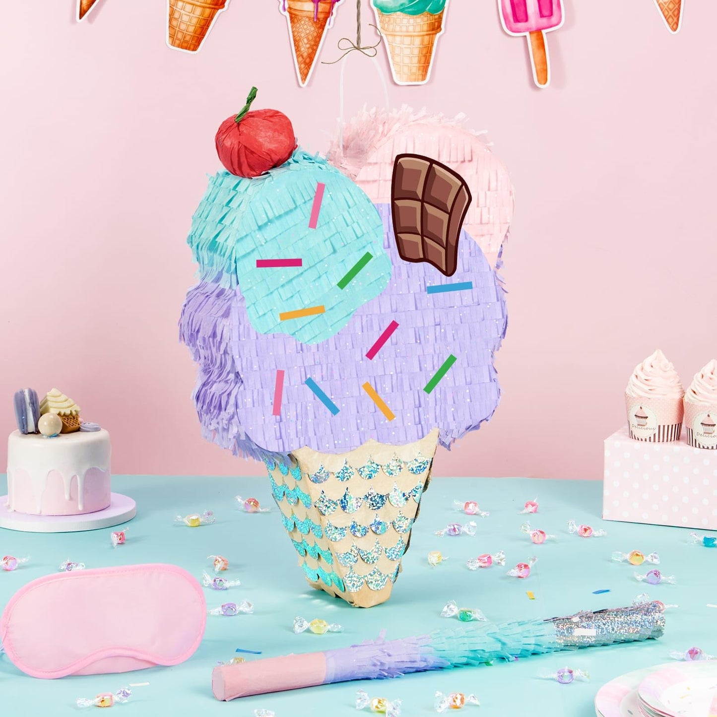 WERNNSAI Ice Cream Piata - Summer Ice Cream Party Decorations for Kids Girls Birthday Pink Pinata Game Candyland Sweet Theme Par