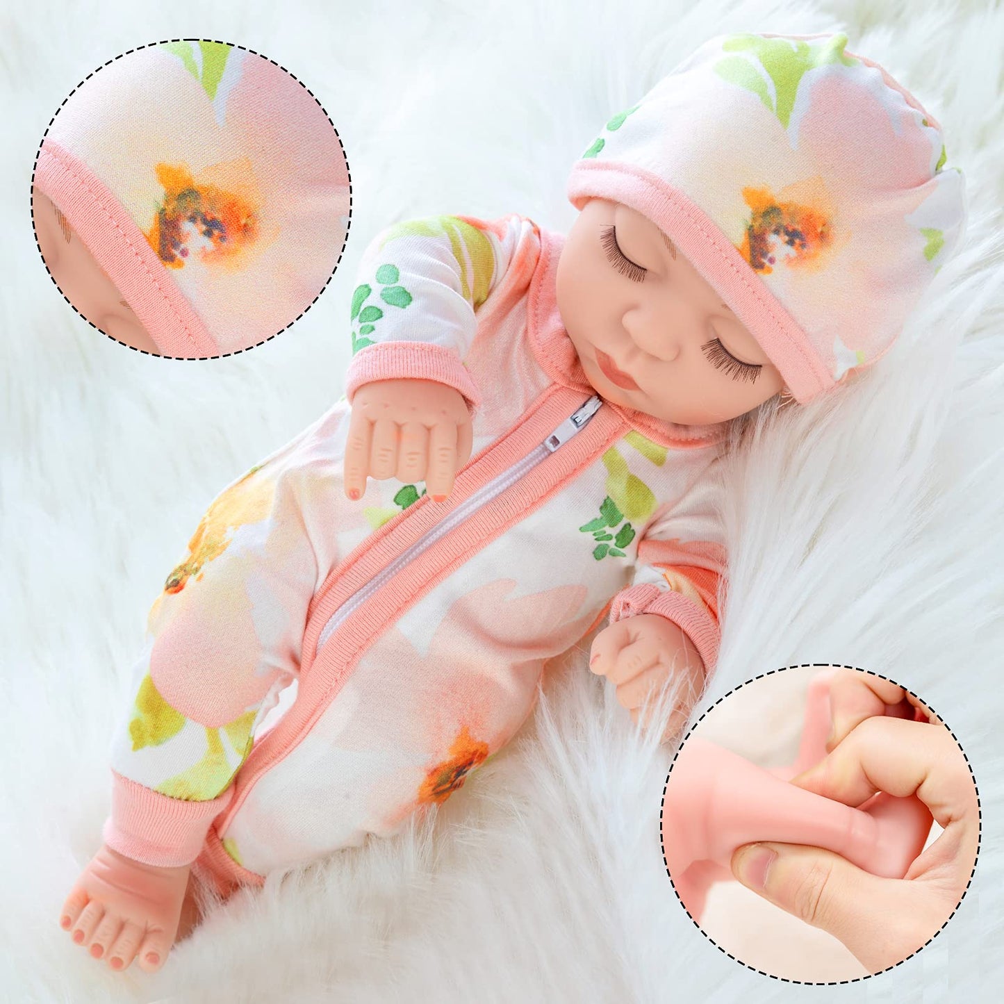 Xfeyue 10 Inch Newborn Reborn Baby Doll And Clothes Set Washable Realistic Soft Silicone Sleeping Baby Doll With Beautiful Flower Pattern Jumpsuit And Hat-Best Gift For Kids Girls