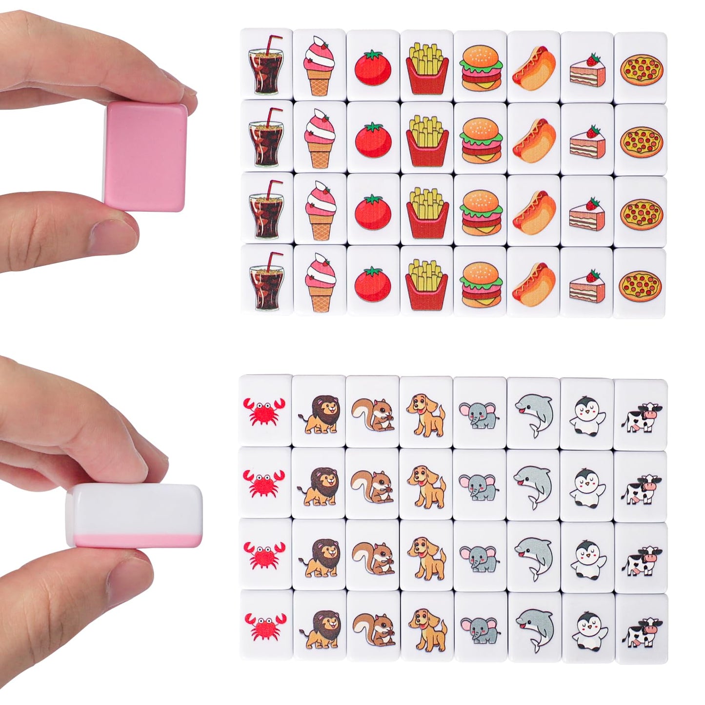 Gracias 2 Players Mahjong Block Set, Mahjong Tile Game With 66 Premium Pink Tiles(30Mm) Animal And Food Pattern, Portable Mahjon