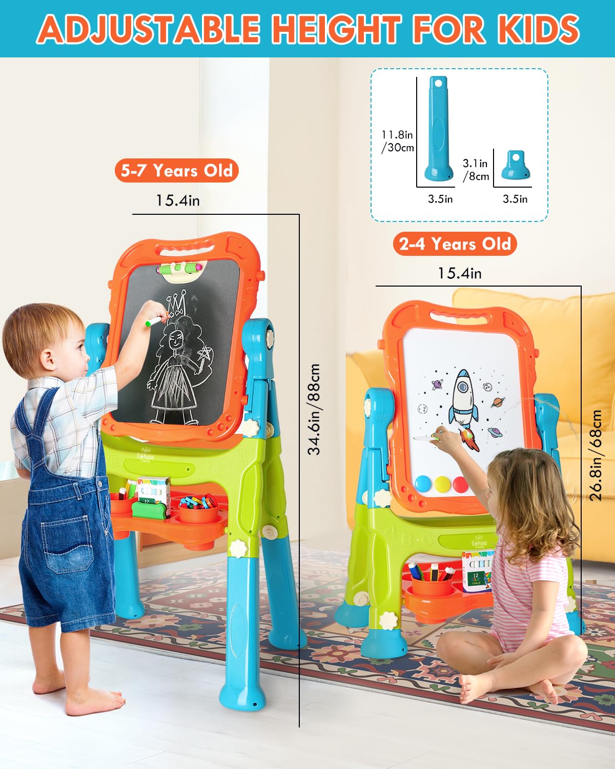 Lehoo Castle Easel For Kids, 4 In 1 Double Sided Kids Art Easel With Magnetic White Board & Chalk Board, Adjustable Standing Toddler Easel With Drawing & Writing Accessories - Gift For Boys And Girls