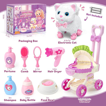 G.C Cat Toys For Kids Girls, Electronic Interactive Stuffed Cat Walk Meow And Wag Tail With Stroller Pet Care Accessories Toys P