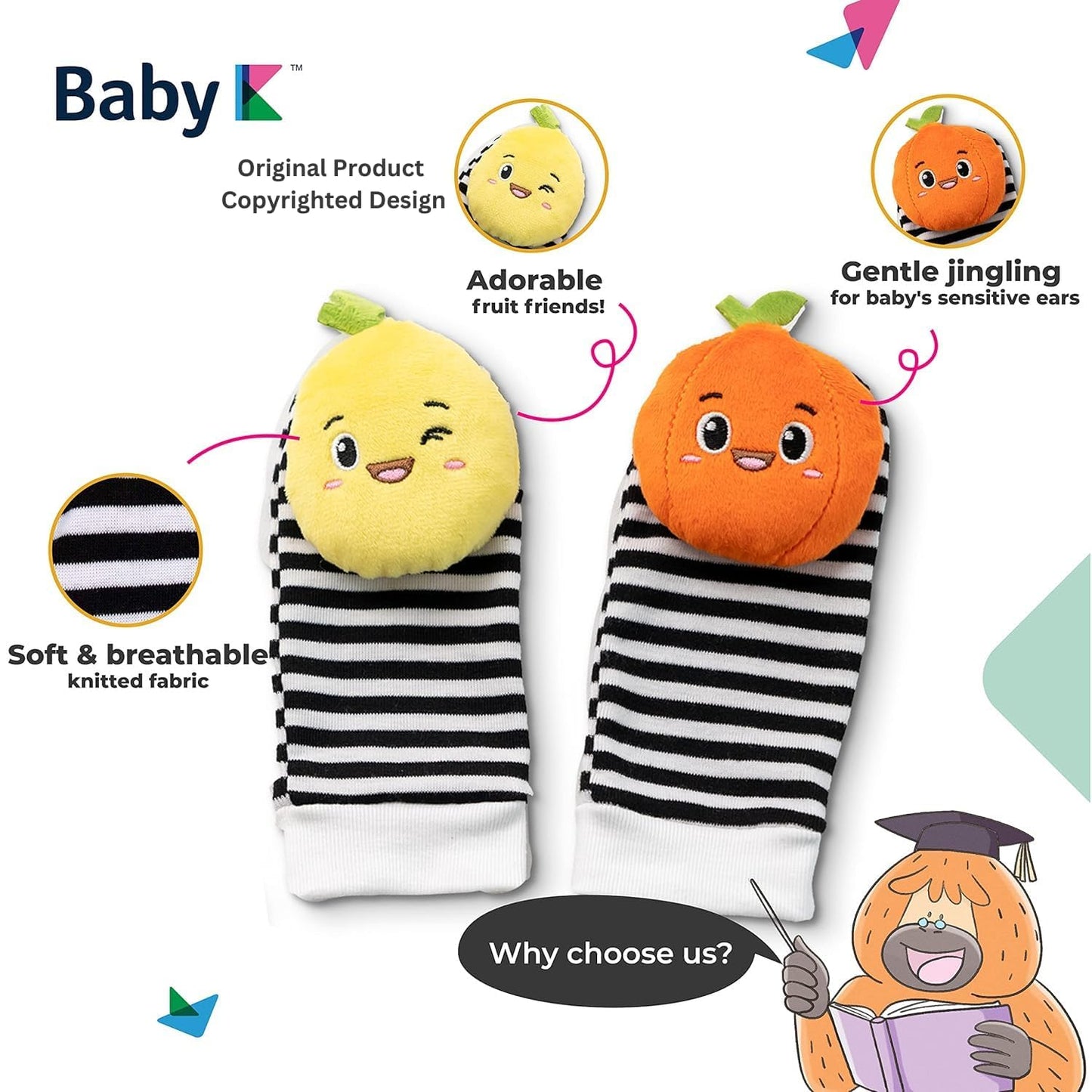 Baby K Rattle Socks & Wrist Rattles And Hand Rattle (Set C + Strawberry) - Newborn Toys For Baby Boy Or Girl - Brain Development Infant Toy - Hand And Foot Rattles Suitable For 3-6, 6-12 Months Babies