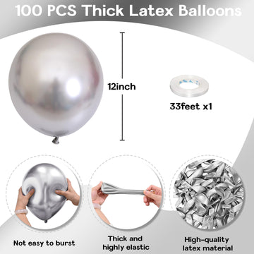 Jobkoo Silver Balloons 12 Inch 100 Pack, Metallic Silver Balloons Chrome Silver Metallic Balloon Shiny Silver Latex Balloons For