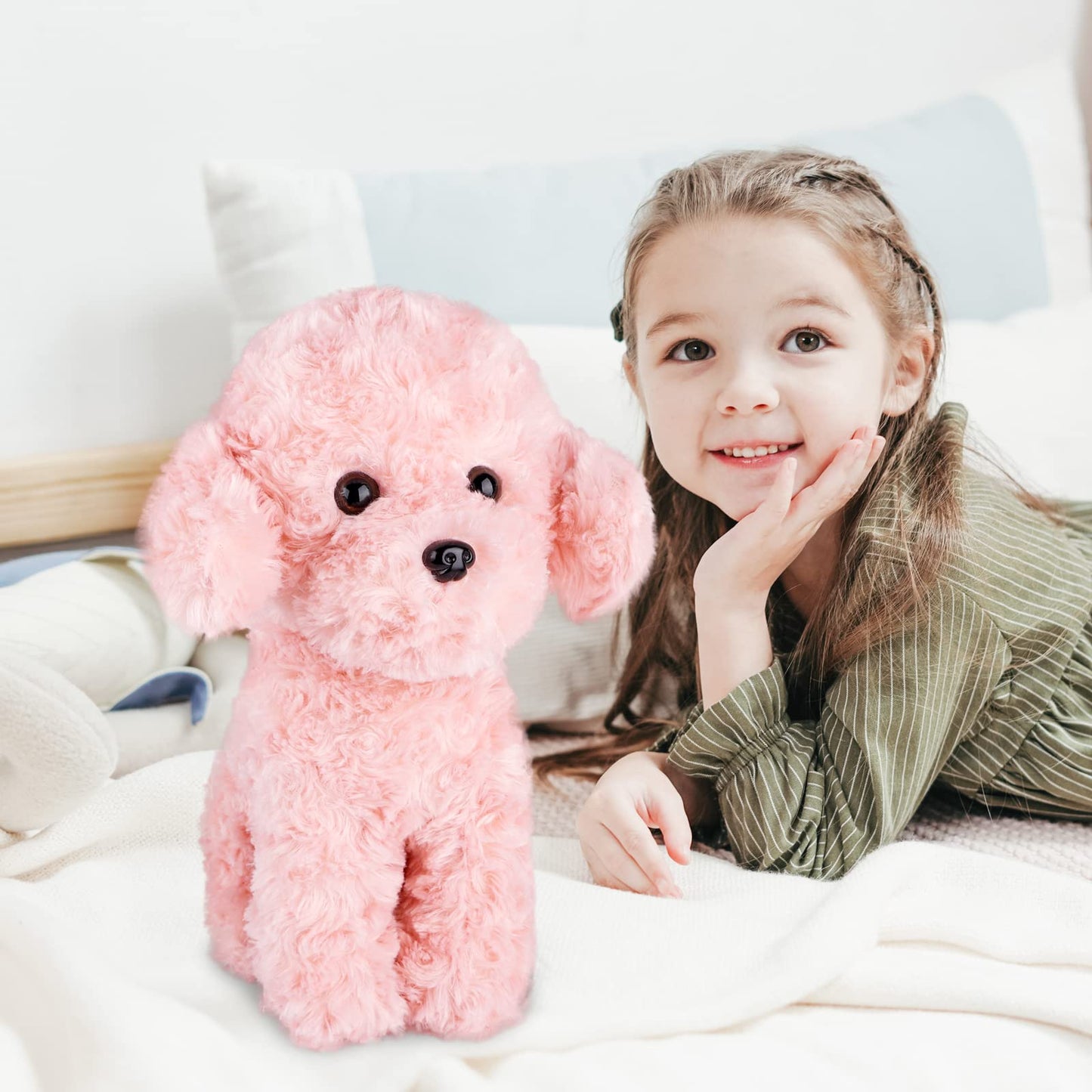 Weigedu Pink Puppy Dog Stuffed Animals Plush Toys, Pink Poodle Bichon Frise Maltese Stuffed Dog Plush, 12.6 Inches