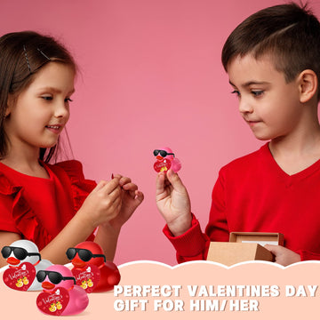 Chivao 24 Pcs Valentine Rubber Ducks With 24 Sunglasses And 24 Heart Gift Card Rubber Ducky Bath Toy Heart Ducks For Birthday Pa