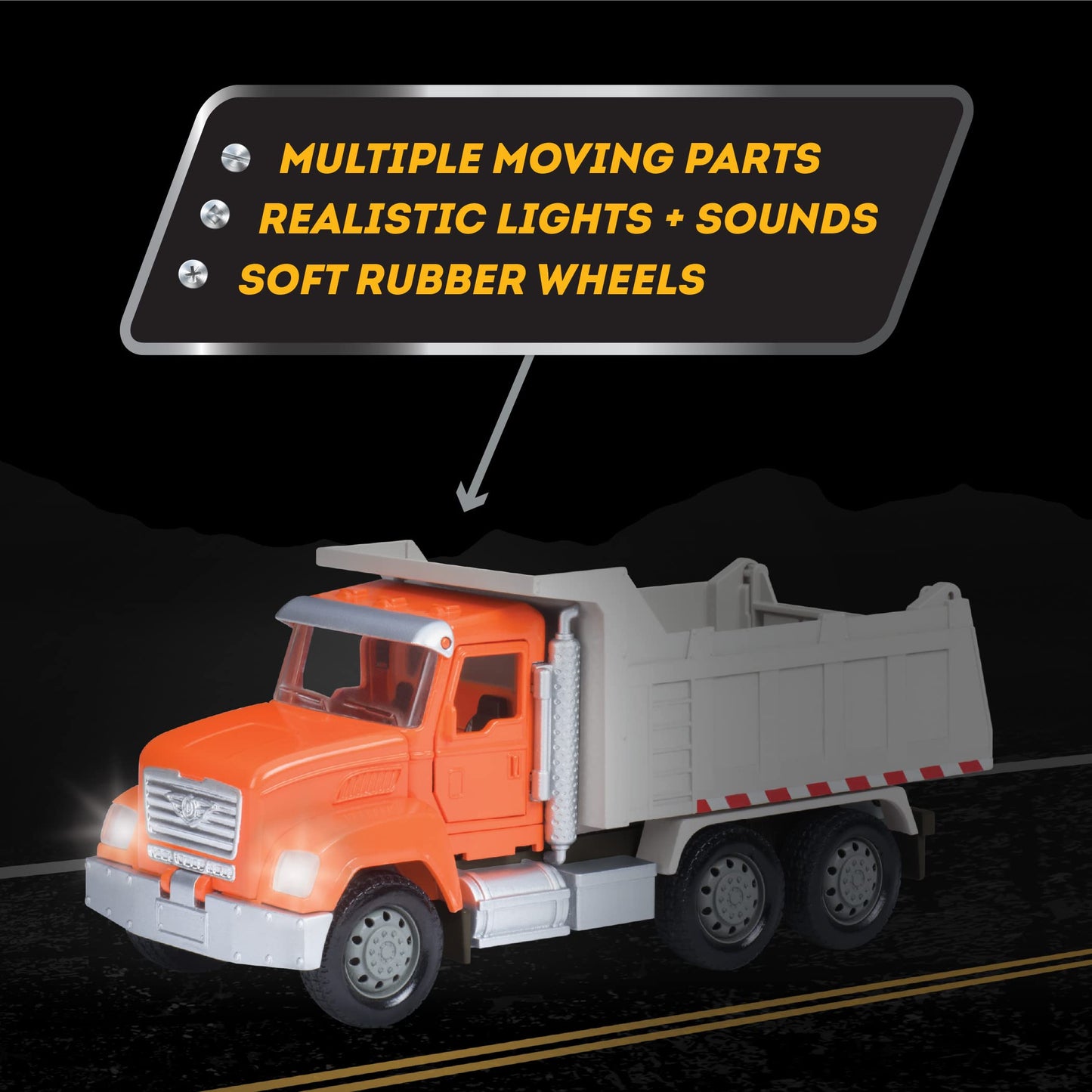 Driven by Battat - Micro 1:24 Scale - Dump Truck Toy - Construction Car Toy with Lights, Sounds & Movable Parts - Gift for Boys