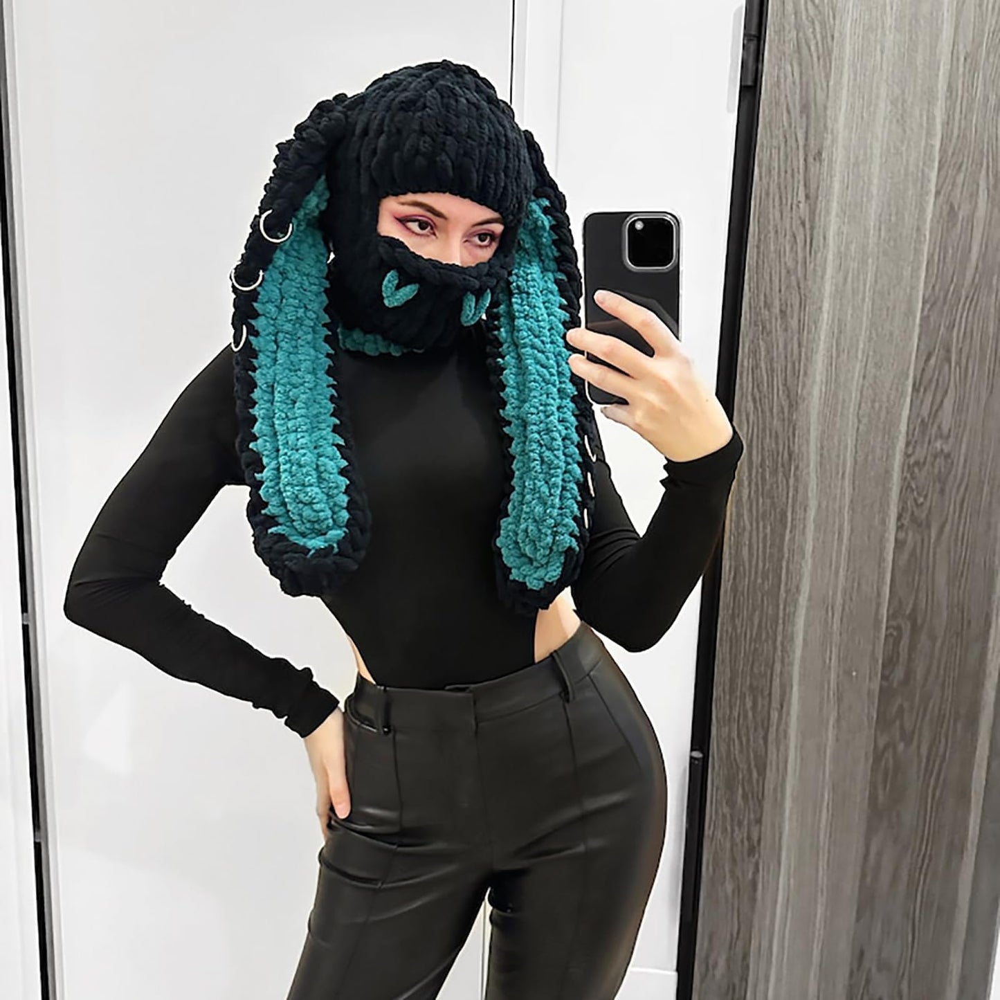 XKCL Knit Plush Bunny Hat - Fluffy Long Ears Cosplay Party Hat (Black Dark Green)