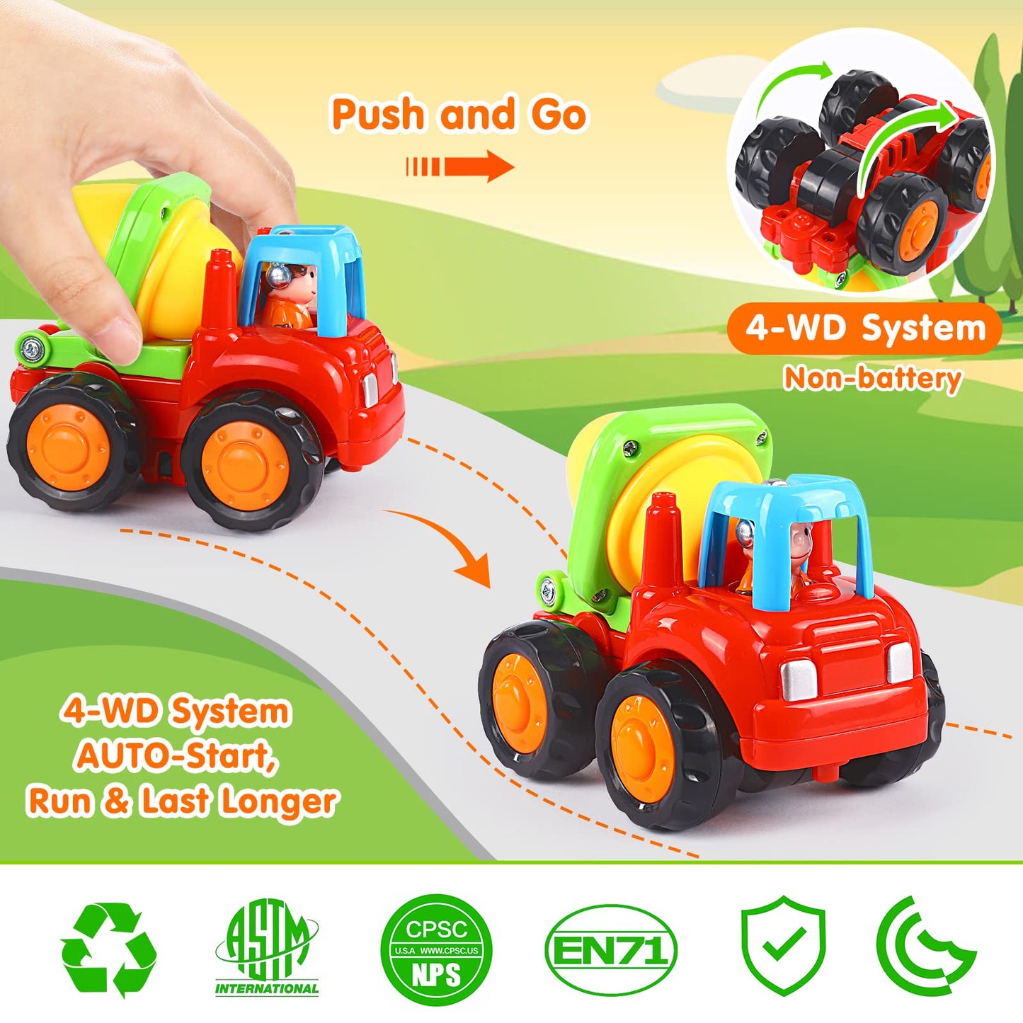 Orwine Inertia Toy Early Educational Toddler Baby Toy Friction Powered Cars Push And Go Cars Tractor Bulldozer Dumper Cement Mixer Engineering Vehicles Toys For Children Boys Girls Kids Gift 4Pcs