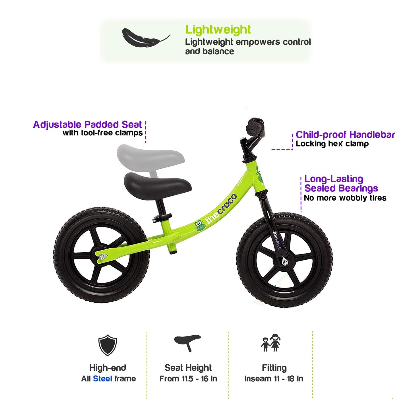 The Original Croco Ultra Lightweight And Sturdy Balance Bike. 3 Models For 2, 3, 4, And 5-Year-Old Kids. Unbeatable Features. Toddler Training Bike, No Pedal (Bright Green, Sturdy 12 Inch)