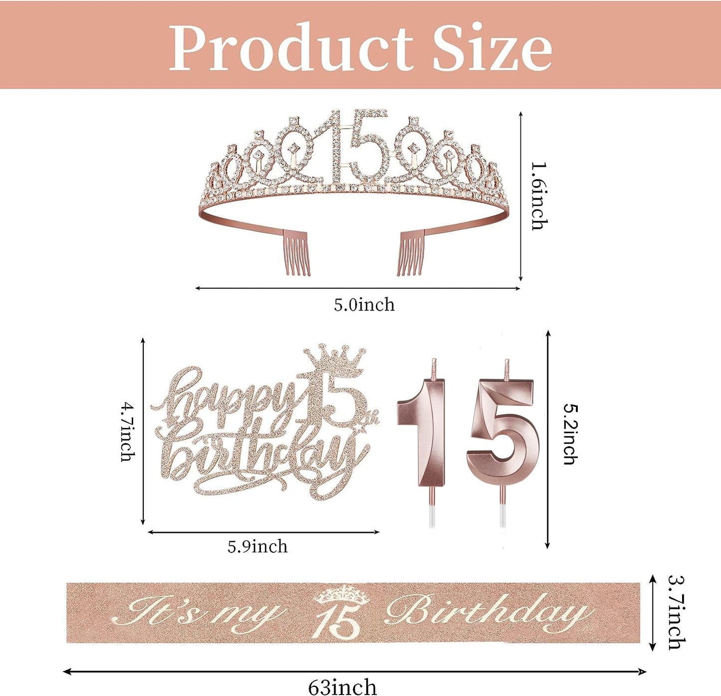 15Th Birthday Decorations For Girls,15Th Birthday Sash,Crown/Tiara,Candles,Cake Toppers.15Th Birthday Gifts For Girls,15 Birthday Decorations For Girls,15 Birthday Party Decorations