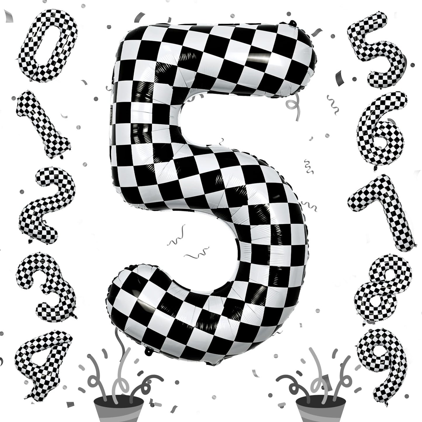 40 Inch Checkered 5 Number Balloons, Large Foil Self Inflating 5Th Birthday Racing Balloons Decor, Black And White Checkered 5 B
