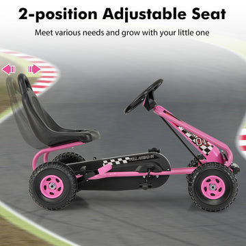 Costzon Go Kart For Kids, 4 Wheel Pedal Powered Go Cart With Adjustable Seat, Handbrake & Non-Slip Wheels, Outdoor Racer Ride On Pedal Car, Gift For Boys Girls (Pink)