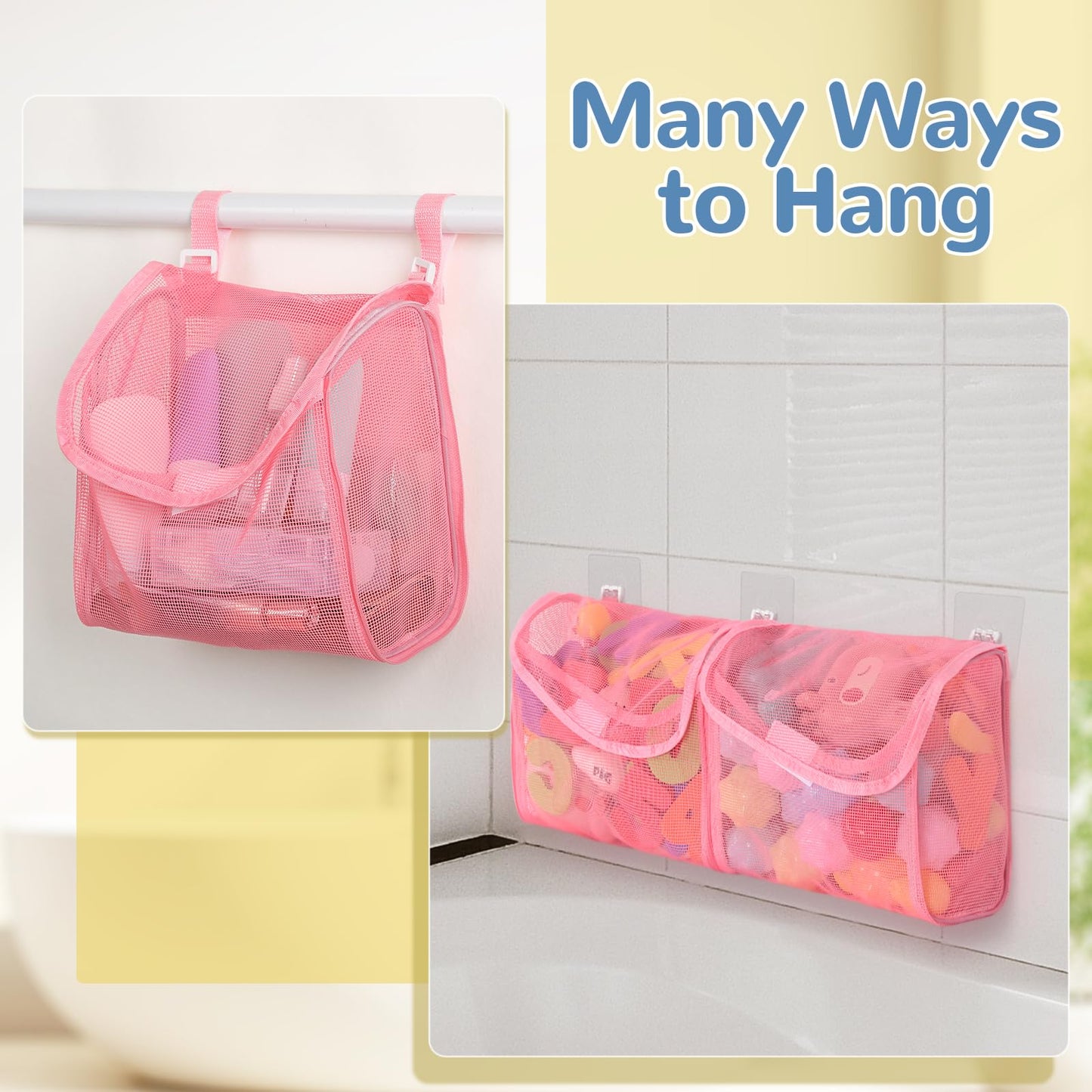 Docmon Bath Toy Storage, Detachable 3 Compartments Bath Toy Holder, Large Capacity Bathtub Toy Storage, Mesh Beach Toy Bag Showe
