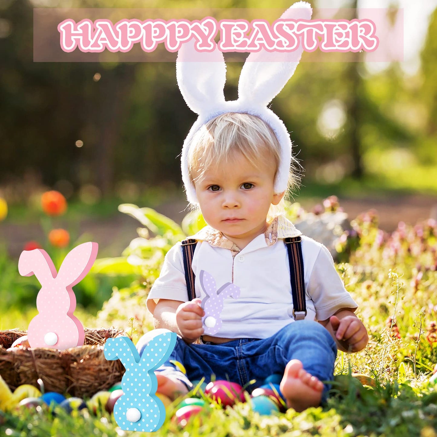 3 Pcs Easter Bunny Table Wooden Signs Decor Spring Farmhouse Wood Bunnies Cute Easter Craft Freestanding Centerpiece Signs for K