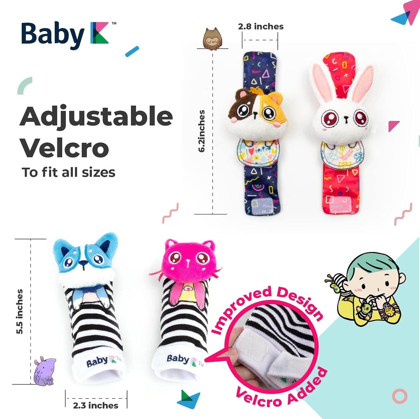 Baby K Baby Rattle Socks & Hand Rattle For Girls & Boys (Pet+Bird Set A) - Baby Toys 6-12 Months - Baby Wrist Rattles And Foot Rattles - Baby Toys For Newborns As Gift - Easy To Wear Baby Rattle Toys