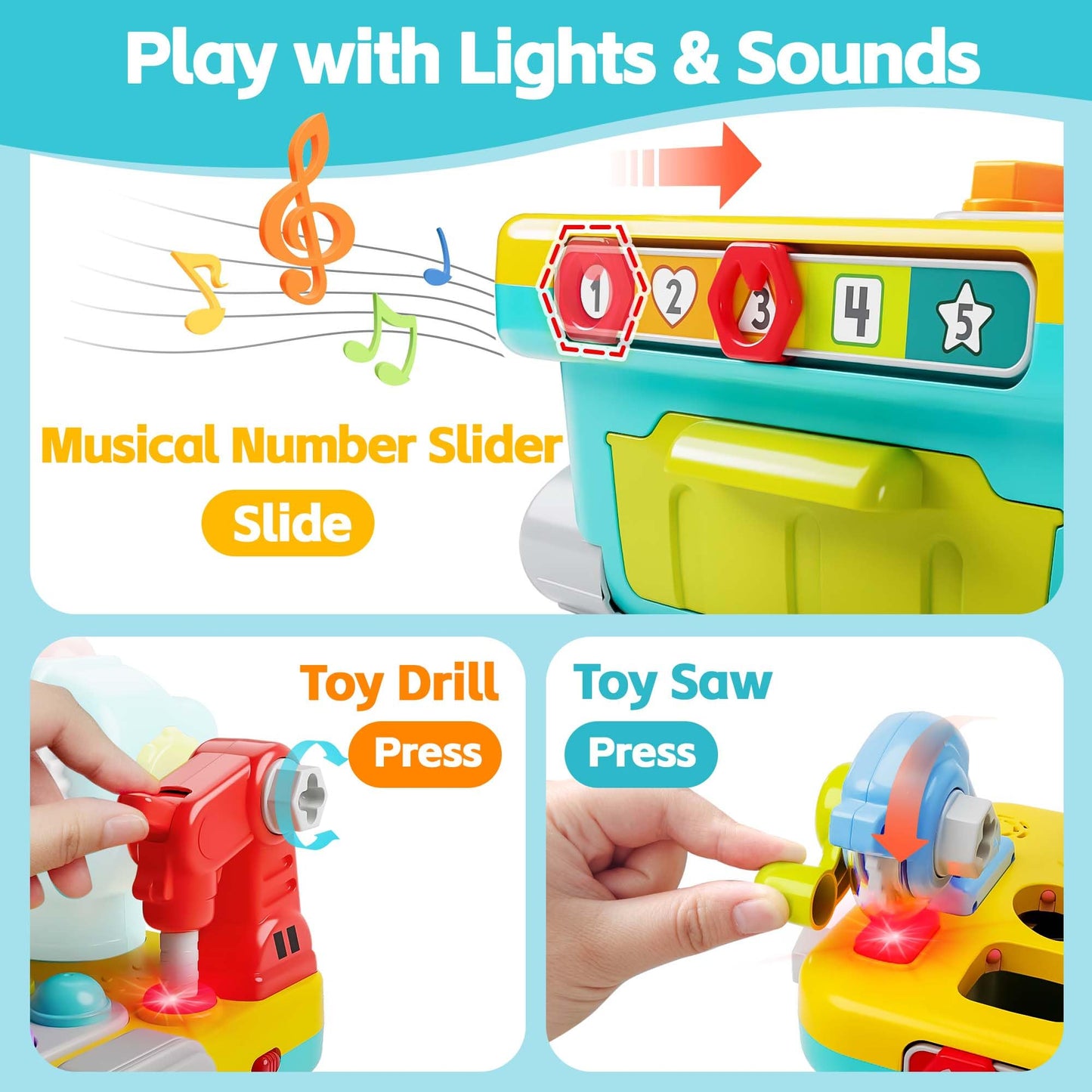 iPlay, iLearn Toddler Musical Workbench - Pretend Play Tool Set, Shape Sorter & Pounding Game for 1-3 Year Old Boys & Girls, Multicolored