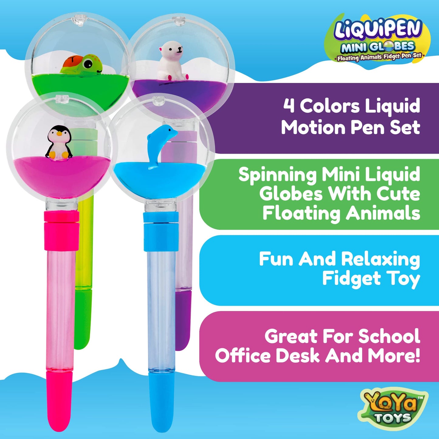 YoYa Toys Fidget Pens for Kids (4-Pack) - Liquid Motion Cool Spinning Toy - Colorful Floating Kawaii Animals - Penguin, Dolphin,