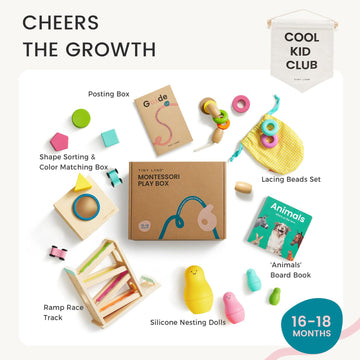 Tiny Land Montessori Toy Set For Baby 16-18 Months Adventure Play Kit - 7-In-1 Ramp Race Track, Shape Sorting And Color Matching Box, Lacing Beads Set, Silicone Nesting Dolls, Animals Board Book