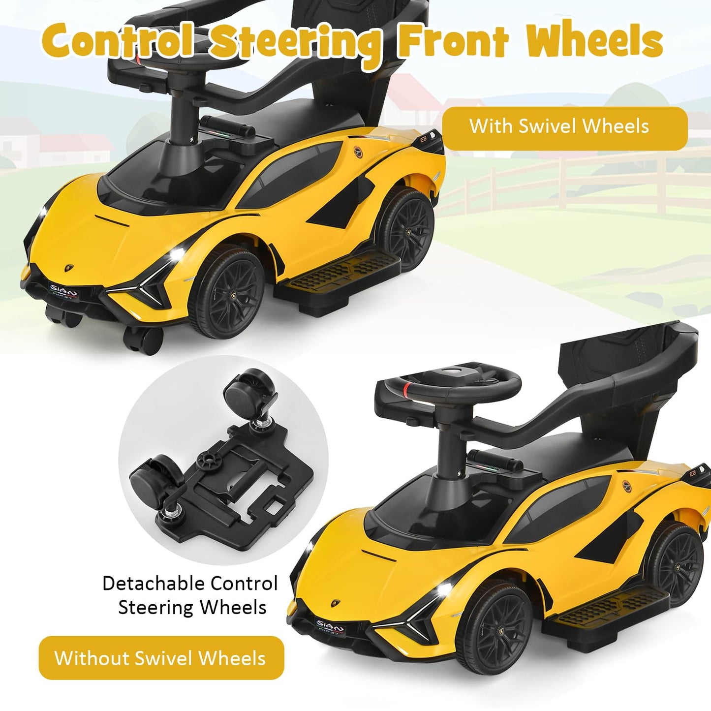 Infans 3 In 1 Ride On Push Car, Licensed Lamborghini Baby Stroller Sliding Walking With Parent Control Handle, Music, Headlight, Under Seat Storage, Kids Foot-To-Floor Toy For 18-60 Months (Yellow)