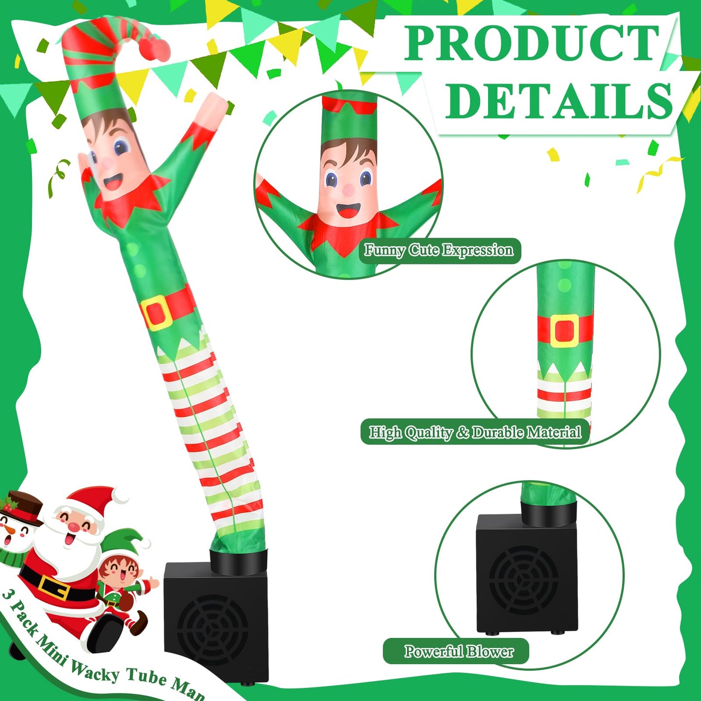 Poen 3 Pcs Winter Mini Inflatable Tube Man Gift Wacky Waving Inflatable Tube Guy With Blower Desktop Mini Dancer Tubes Man Gift For Winter Man Women Birthday Party Decoration(Elf)