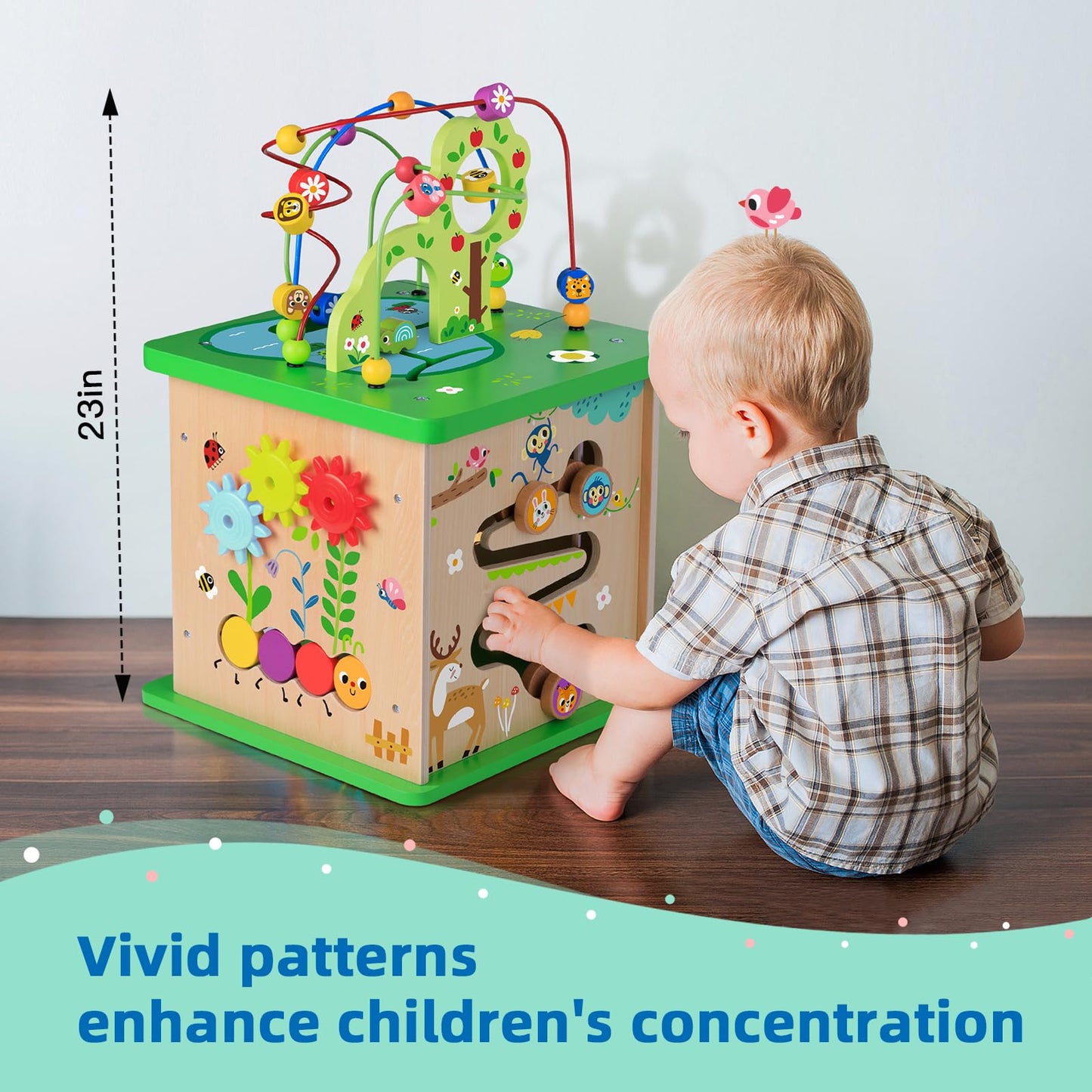 TOOKYLAND 5-in-1 Large Activity Play Cube - Colorful Wooden Learning Puzzle Toy for Toddlers with Animal Friends, Shapes & Mazes