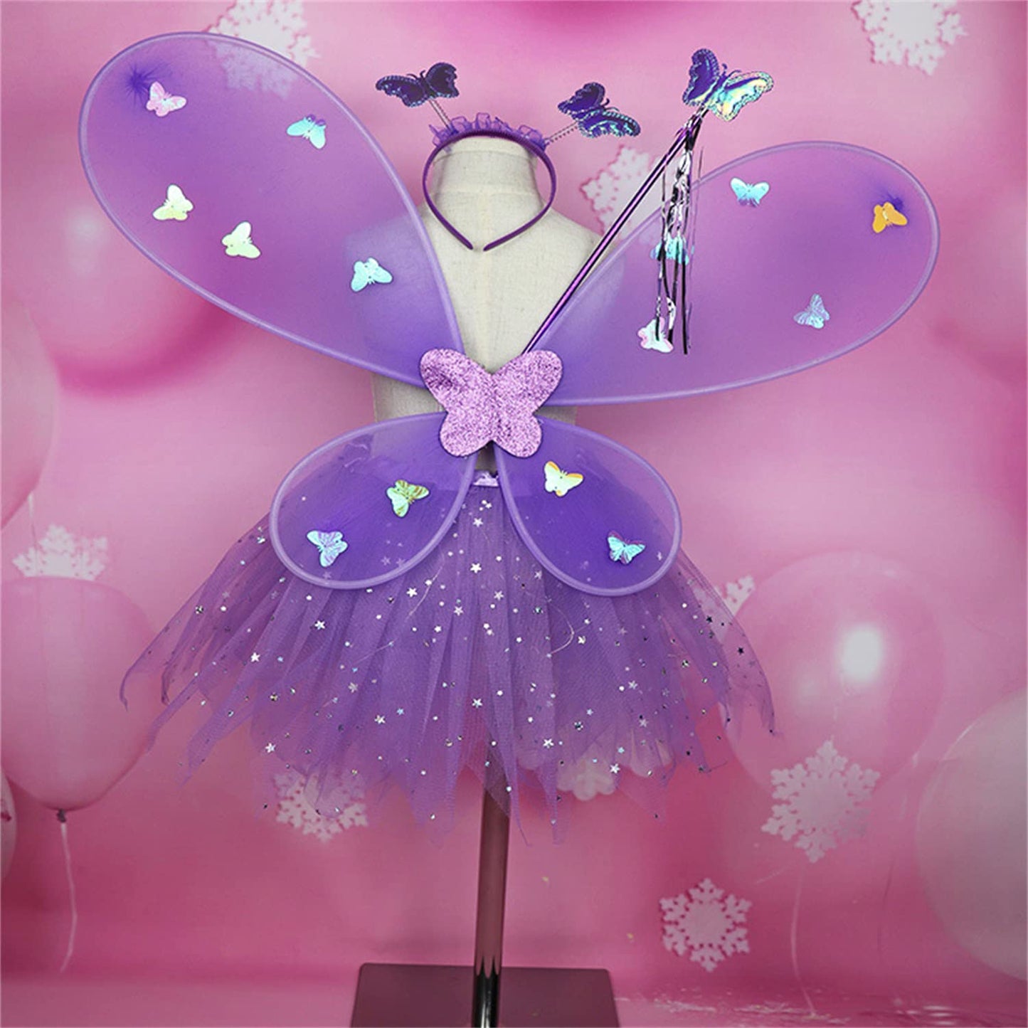 Purfeel Girls Led Light Up Angel Wings Kids Butterfly Wings Costume 4Pcs Sets Purple