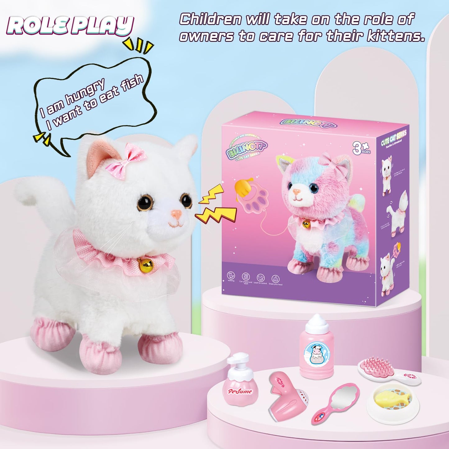 Bilinott Toy Cat For Kids, Touch And Voice Controlled Remote Control Cat With Leash, Lifelike Walking Cat Toy That Can Walk, Meo