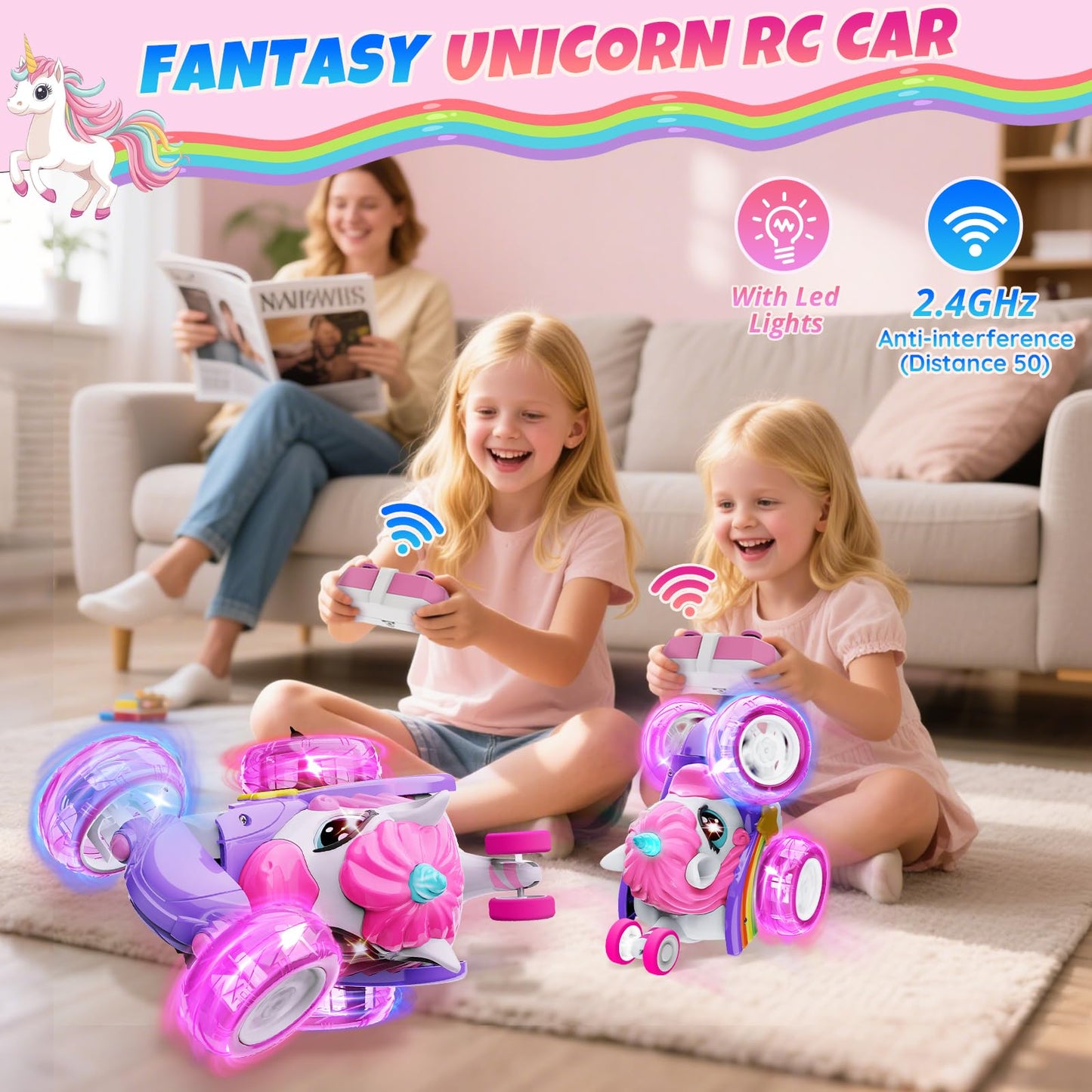 Innofans Unicorn Remote Control Car for Girls, 360 Rotating 4WD Stunt RC Cars with Cute Cool LED Lights, Rechargeable Car Toys B