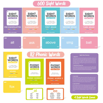 Springflower 712 Sight Words Flash Card,600 Dolch & Fry High Frequency Sight Word,112 Phonic Flash Cards For Kindergarten Homeschool Supplies Games For Kids Pre-K, Kindergarten, 1St, 2Nd, 3Rd Grade