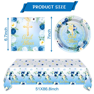 Blue God Bless Tableware Set,First Communion 20 Plates and 20 Napkins and Tablecloth51 x 86,For Newborn Baptism Church Party