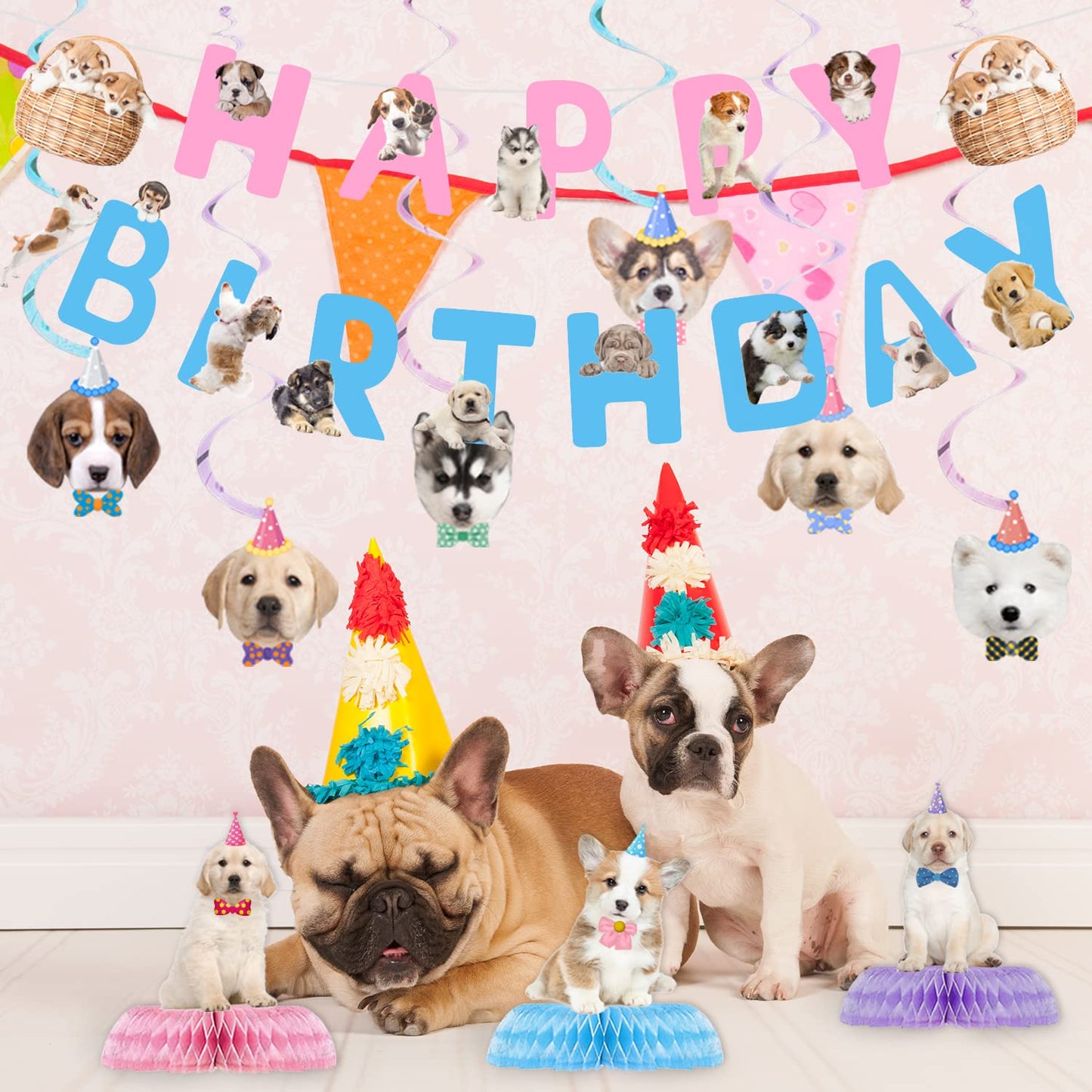 16 Pcs Dog Birthday Party Supplies, Dog Party Decorations, 6 Dog Hanging Cutouts, 6 Hanging Swirl Decorations And 3 Birthday Hon
