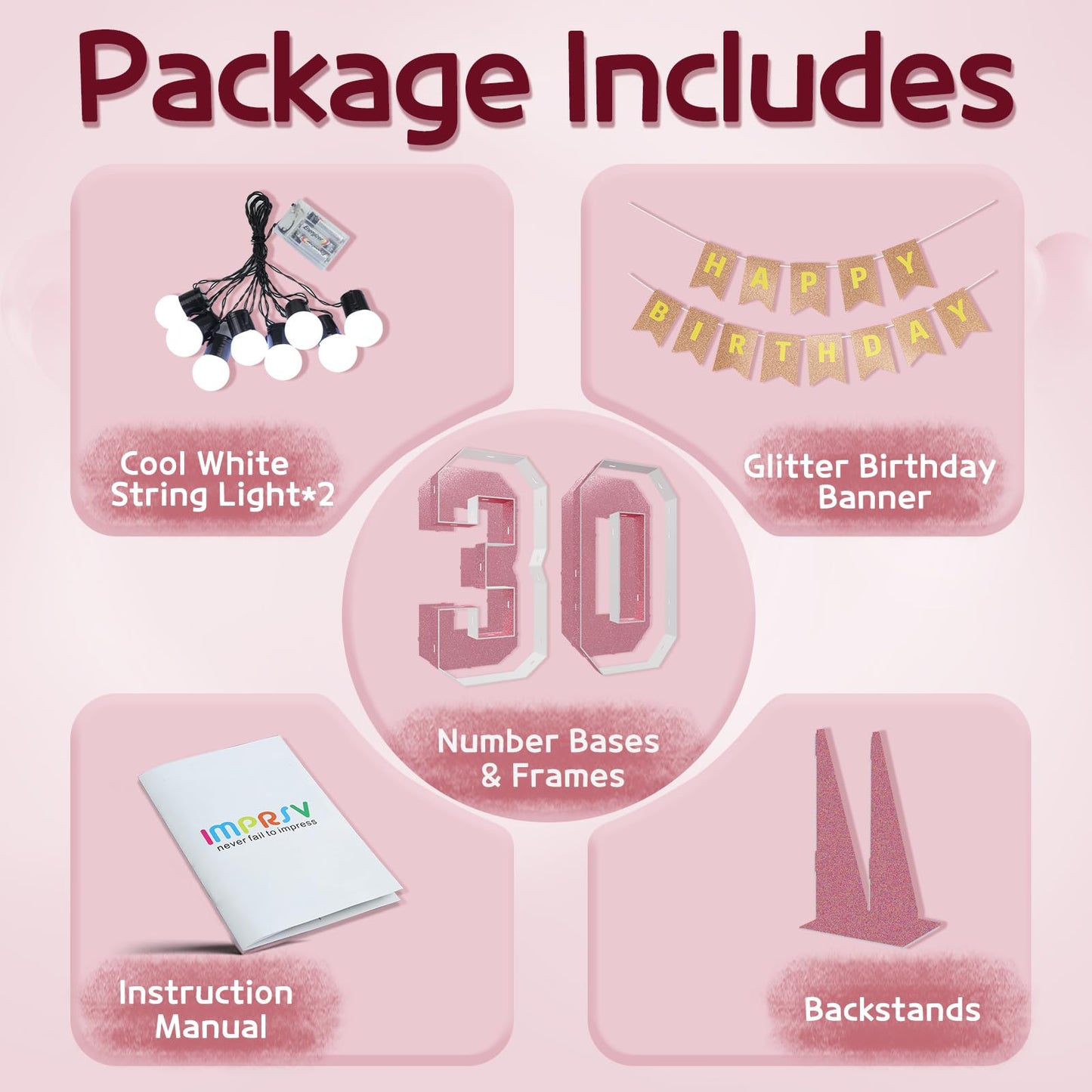 Imprsv Marquee Numbers Pink 30Th-Birthday Decorations: Large 3Ft Light Up Number Rose Gold 30 Birthday Decoration For Women Men