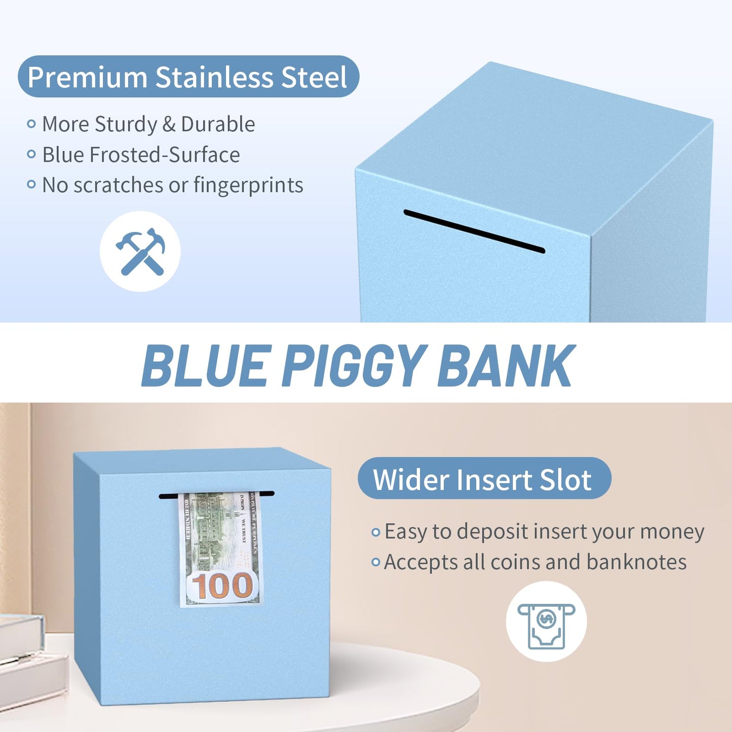 Adults Piggy Bank Must Break To Open, Unbreakable Stainless Steel Piggy Bank For Adults, Metal Savings Box For Cash Saving (Blue