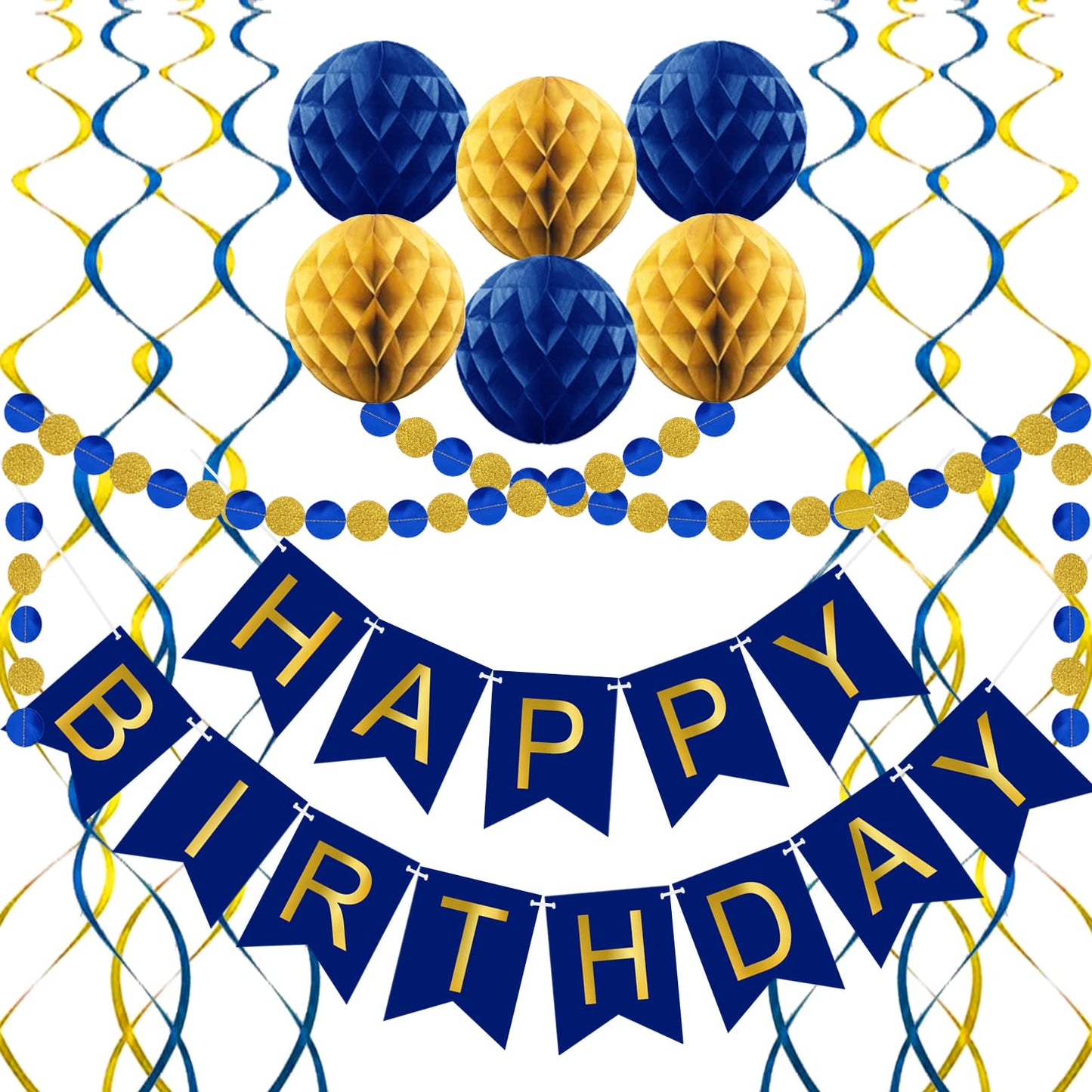 Navy Blue Birthday Decorations With Happy Birthday Banner, Paper Honeycomb Balls, Circle Garland And Hanging Swirl Decorations, Navy Blue Birthday Party Decorations, Birthday Decorations For Men