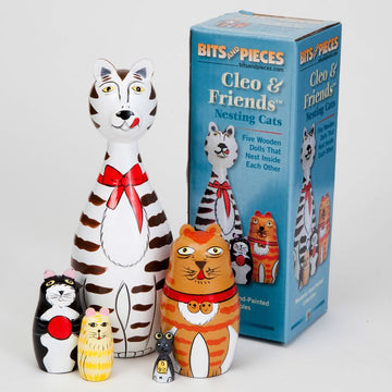 Bits And Pieces - ''Cleo & Friends Nesting Cats-Hand Painted Wooden Nesting Dolls Matryoshka - Set Of 5 Dolls From 7'' Tall With