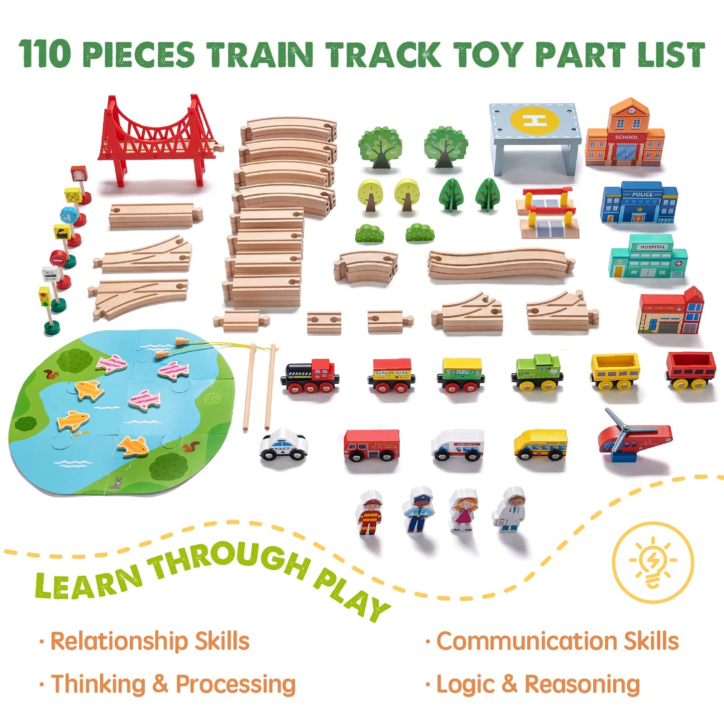 Tiny Land Train Set 110Pcs Wooden Train Set, Toy Train For Boys & Girls With Wooden Train Track, Wooden Toys For 3-7 Years Old Toddlers & Kids, Railway Set Christmas Toys For Kids