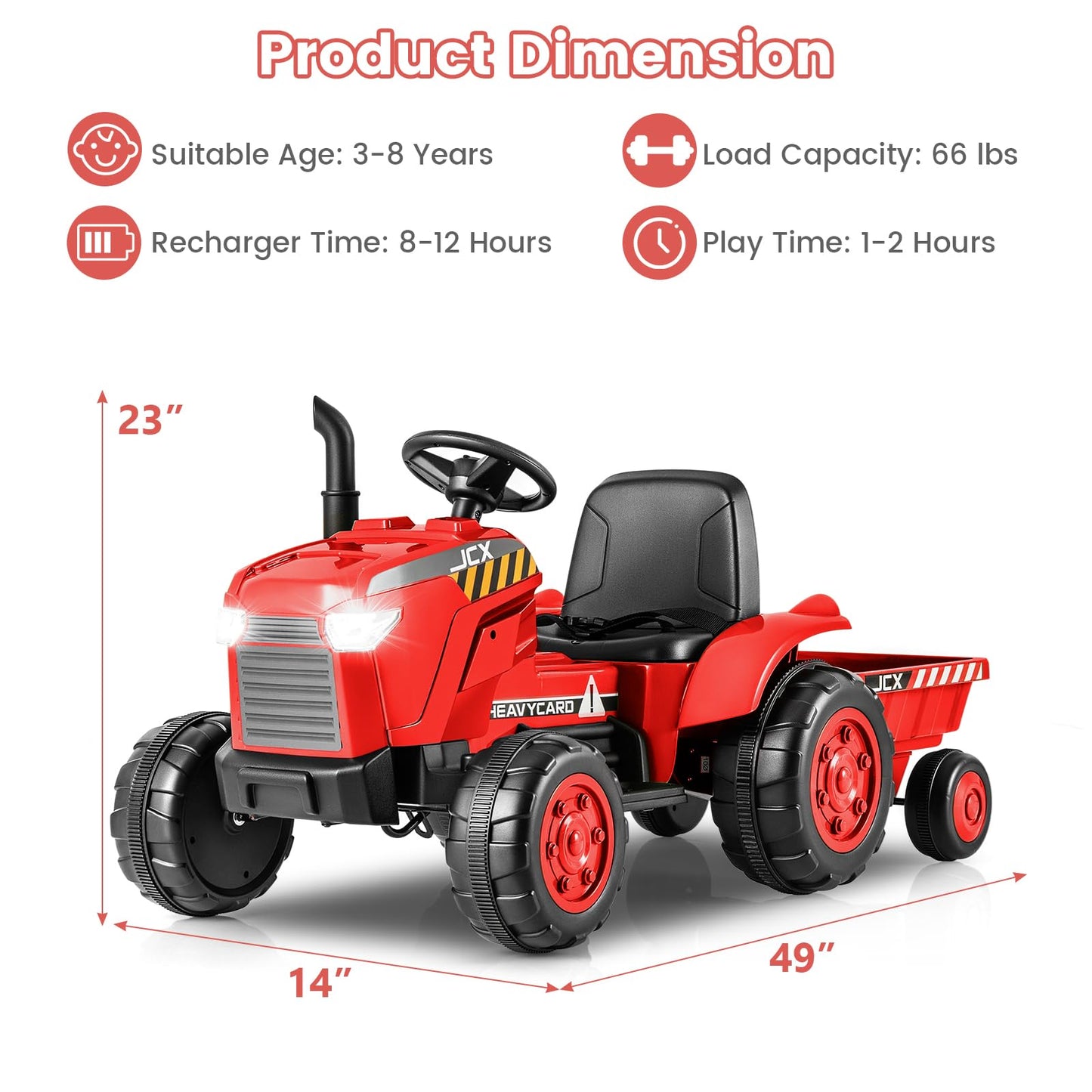 Olakids 12V Kids Ride On Tractor, Battery Powered Motorized Electric Car With Trailer, Dual Motors, Remote Control, Light, Music, Usb, Toddler Vehicle Toys For Boys Girls (Red)