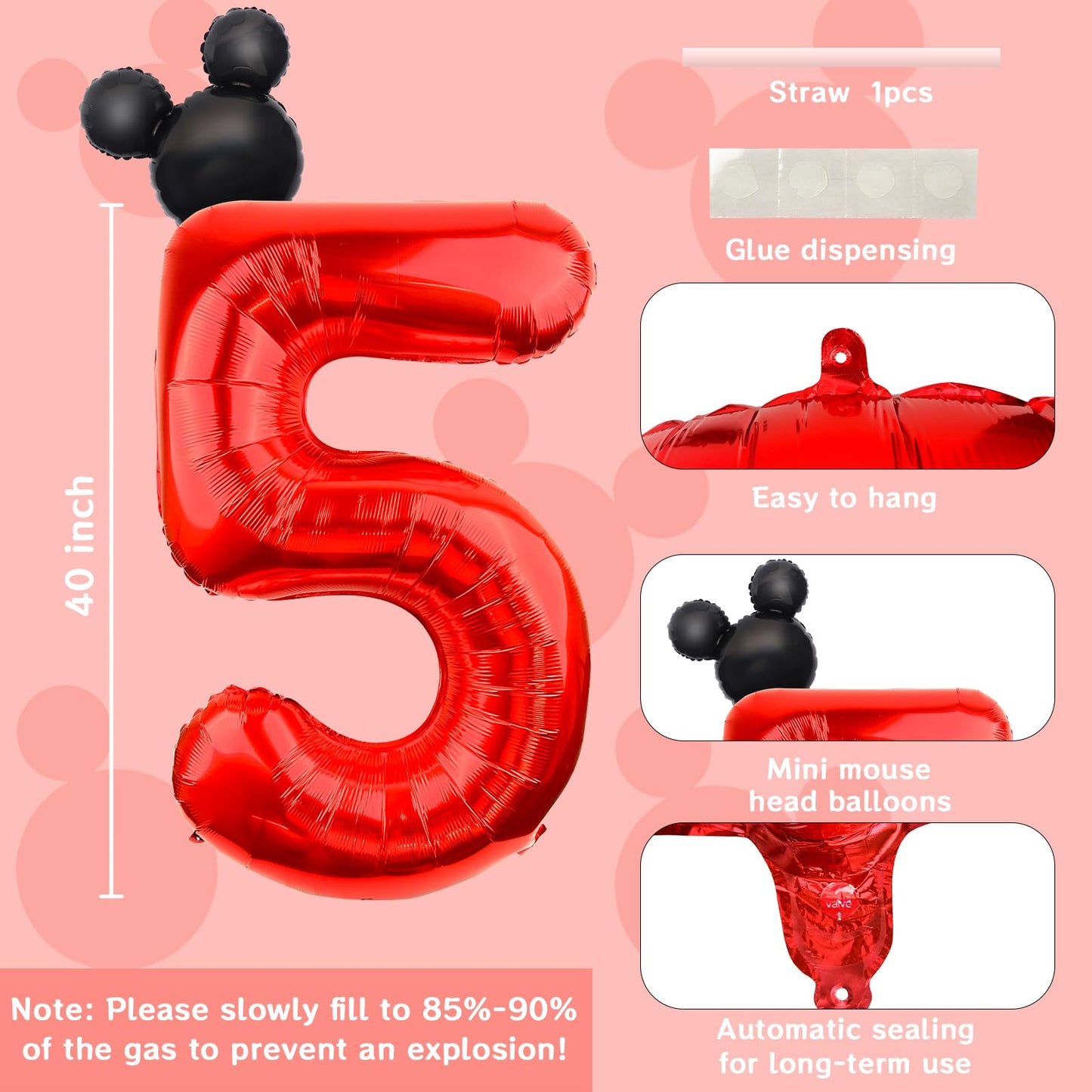 Lebery 40 Inch Mouse Number 5 Balloon Mini Mouse Head Balloon, Black Red Number 5 Balloon, Mouse Clubhouse Birthday Balloon For 5Th Birthday Party Baby Shower Anniversary Supplies
