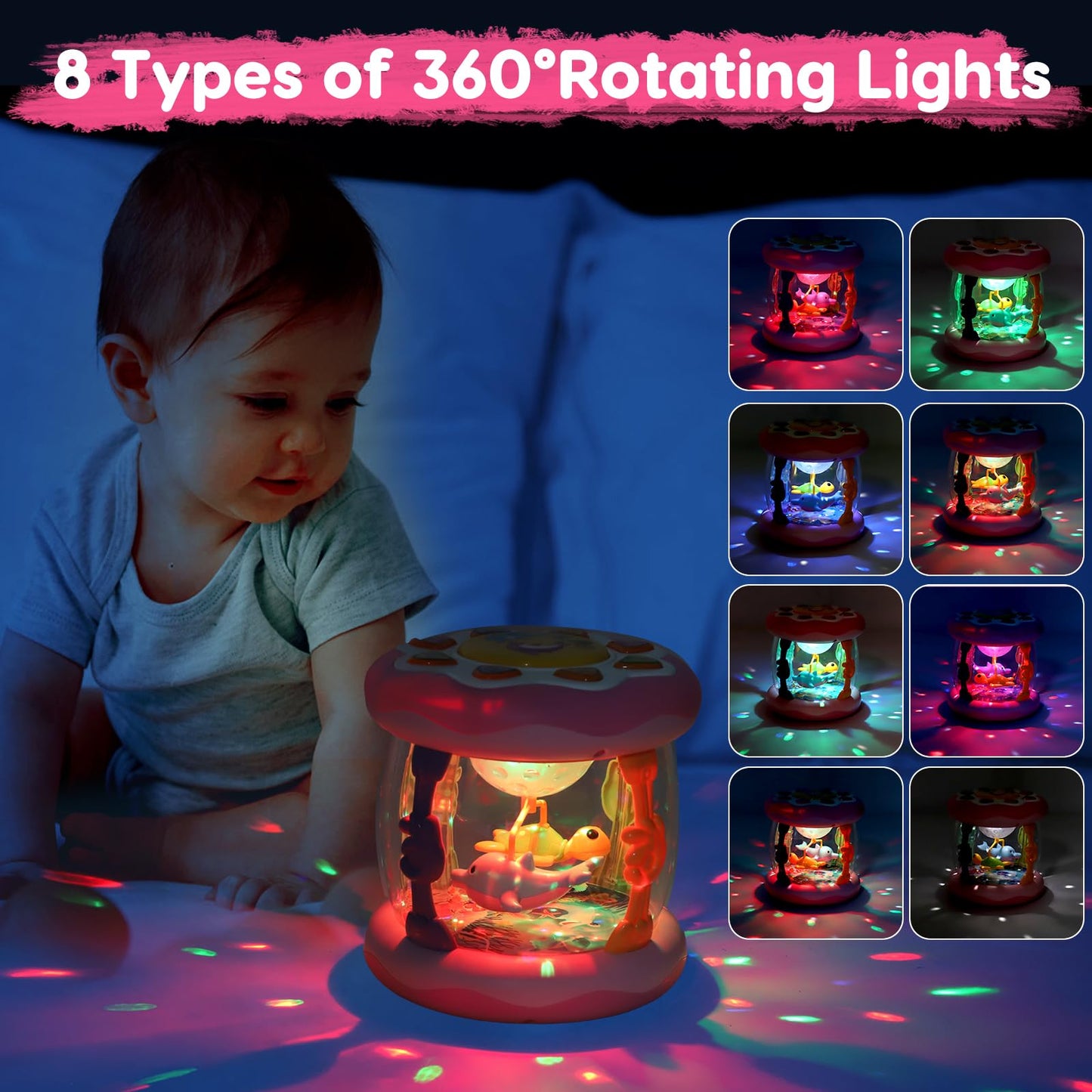 Baby Musical Light Up Toys 0-6 Months Tummy Time Ocean Projector Rotating Infant 0-3 3-6 7 8 9 Months Learning Crawling Pink Toys Babies 6-12 Month Girls 1 2 3 Year Old Birthday Newborn Gifts