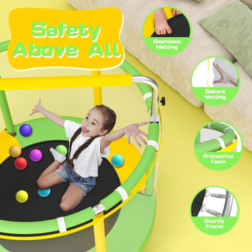 ZCMHAXJ 55" Trampoline for Kids, 440lbs Capacity, Indoor & Outdoor, Yellow Green, with Enclosure & Adjustable Gymnastics Bar