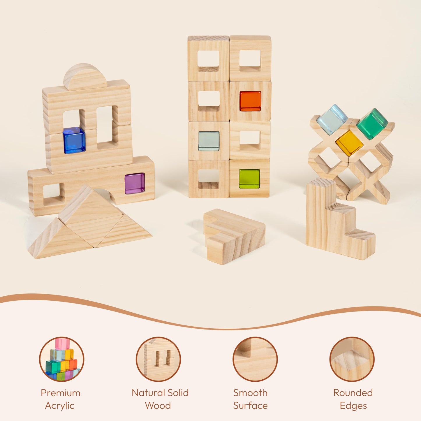 Woodtoe Wooden Rainbow Building Blocks Set For Kids | 22 Pcs Wooden Blocks & 25 Pcs Acrylic Gem Cubes Sensory Toys | Montessori