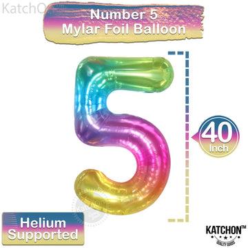 Katchon, Giant Rainbow 5 Balloon Number - 40 Inch | Colorful Gradient Rainbow Five Balloon Number For 5Th Birthday Decorations Girl | Jelly 5 Birthday Balloon, Five Balloon For Rainbow Party Supplies