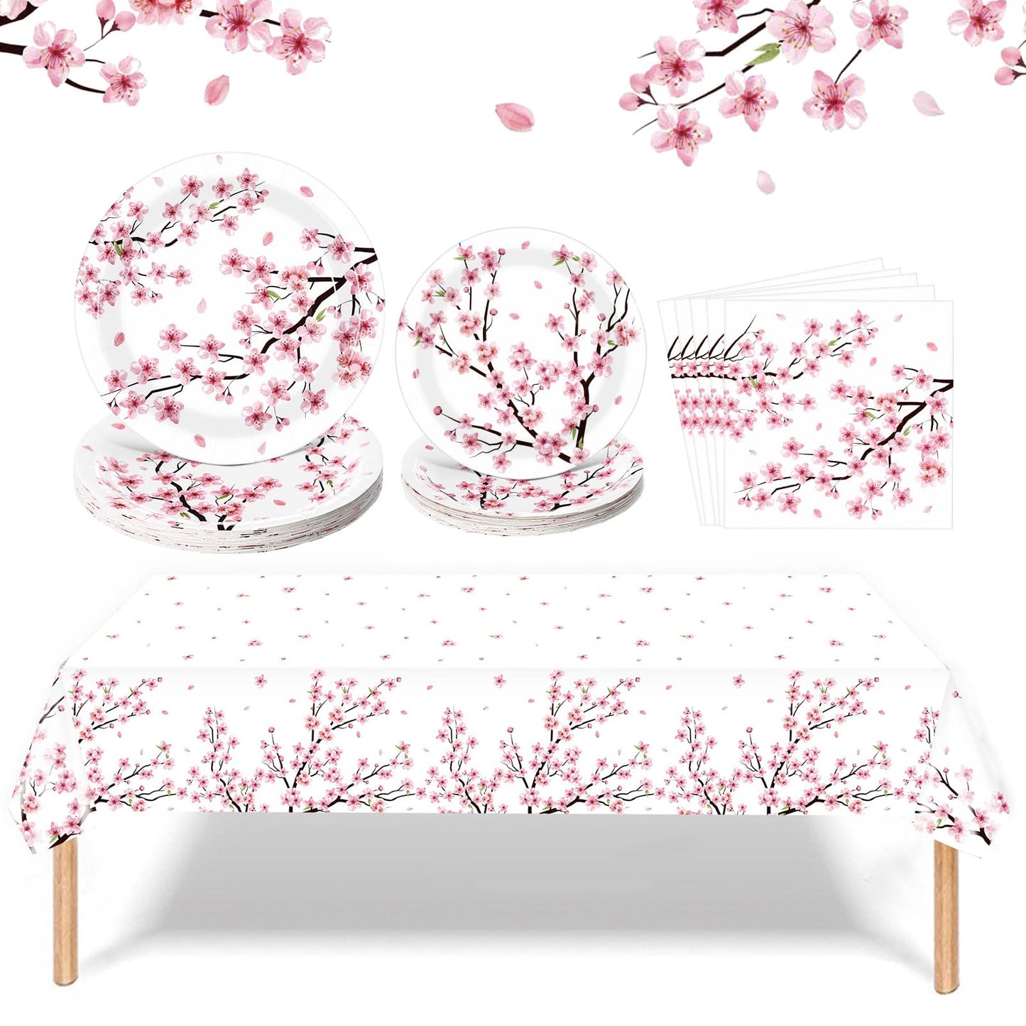 Zhehao 101 Pcs Cherry Blossom Party Tableware Set Cherry Blossom Party Supplies Includes 50 Pcs Paper Plates, 50 Pcs Napkins and