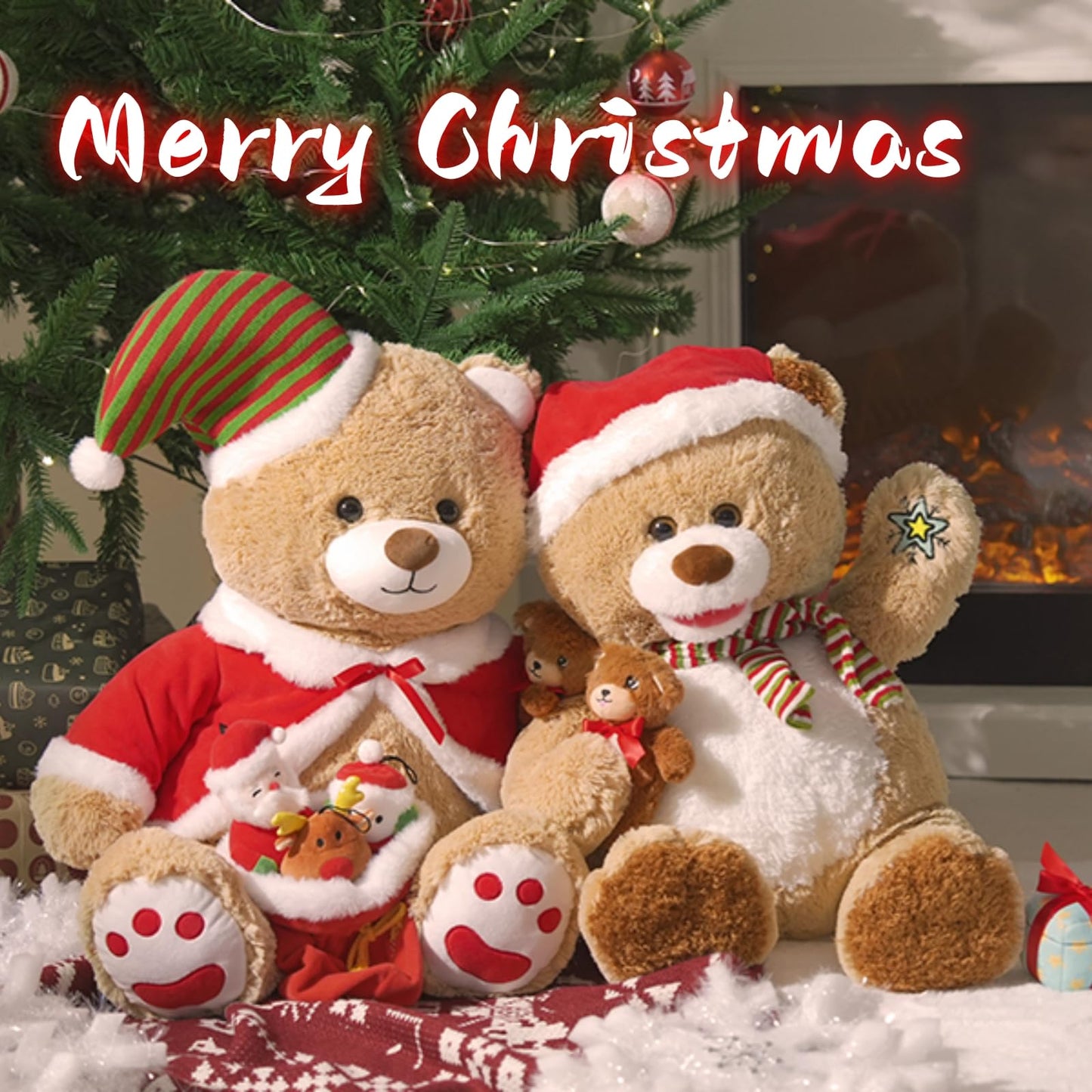 Morismos Christmas Teddy Bear Stuffed Animal, Stuffed Bear With Snowman, Reindeer, Santa Claus Plush, 24.4In Giant Christmas Bea