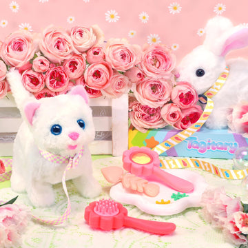 Tagitary Plush Toys Electronic Toy Cat That Walking And Meowing,Tail Wagging Interactive Toy Cat For Kids With Leash,Easter Christmas Birthday Gift For Toddlers Kids