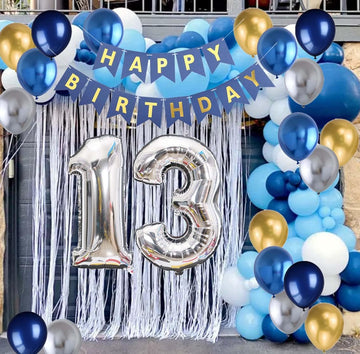 13Th Birthday Party Decoration For Boys, Birthday Banner Blue Number 13 Birthday Balloons Metallic Silver Blue Gold Latex Balloo